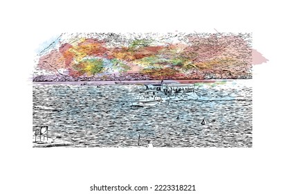 La vista de construcción con el punto de referencia de Perast es la 
ciudad de Montenegro. Salto de color de agua con ilustración de esbozo dibujada a mano en vector.