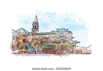 Building view with landmark of Perast is the 
town in Montenegro. Watercolor splash with hand drawn sketch illustration in vector.