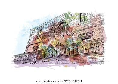 Building view with landmark of Perast is the 
town in Montenegro. Watercolor splash with hand drawn sketch illustration in vector.