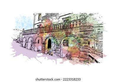 Building view with landmark of Perast is the 
town in Montenegro. Watercolor splash with hand drawn sketch illustration in vector.