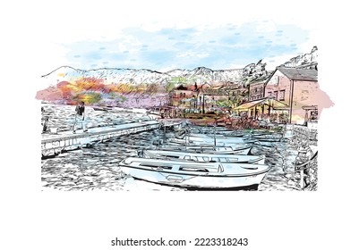 Building view with landmark of Perast is the 
town in Montenegro. Watercolor splash with hand drawn sketch illustration in vector.