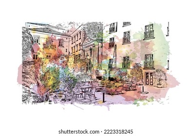Building view with landmark of Perast is the 
town in Montenegro. Watercolor splash with hand drawn sketch illustration in vector.