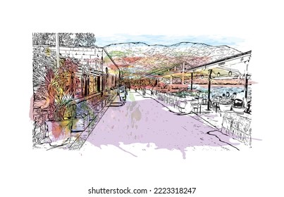 Building view with landmark of Perast is the 
town in Montenegro. Watercolor splash with hand drawn sketch illustration in vector.