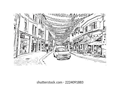 Vista de edificio con punto de referencia de Perigueux
comuna en Francia. Dibujo a mano de ilustración de esbozo en vector.