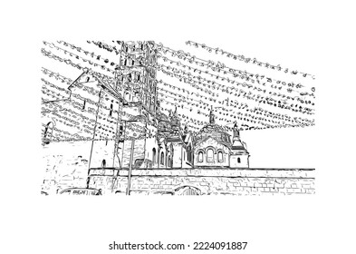 Building view with landmark of Perigueux
commune in France. Hand drawn sketch illustration in vector.