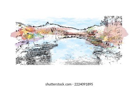 Vista de edificio con punto de referencia de Perigueux
comuna en Francia. Salto de color de agua con ilustración de esbozo dibujada a mano en vector.