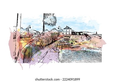 Building view with landmark of Perigueux
commune in France. Watercolor splash with hand drawn sketch illustration in vector.