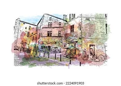 Building view with landmark of Perigueux
commune in France. Watercolor splash with hand drawn sketch illustration in vector.
