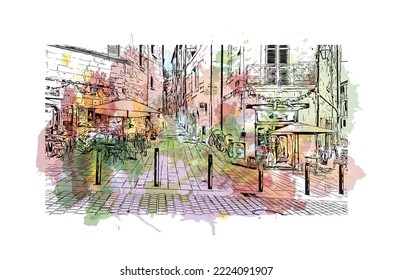 Building view with landmark of Perigueux
commune in France. Watercolor splash with hand drawn sketch illustration in vector.