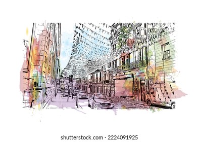 Building view with landmark of Perigueux
commune in France. Watercolor splash with hand drawn sketch illustration in vector.