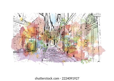 Building view with landmark of Perigueux
commune in France. Watercolor splash with hand drawn sketch illustration in vector.