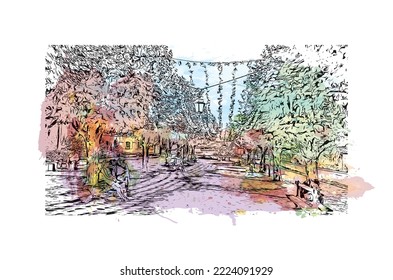 Building view with landmark of Perigueux
commune in France. Watercolor splash with hand drawn sketch illustration in vector.