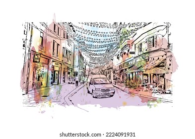 Vista de edificio con punto de referencia de Perigueux
comuna en Francia. Salto de color de agua con ilustración de esbozo dibujada a mano en vector.