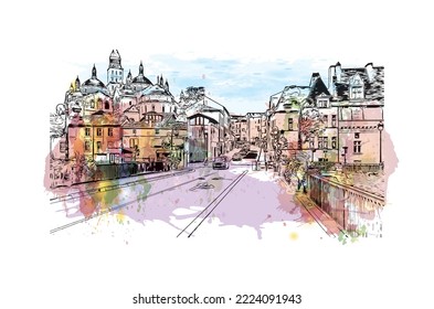 Vista de edificio con punto de referencia de Perigueux
comuna en Francia. Salto de color de agua con ilustración de esbozo dibujada a mano en vector.