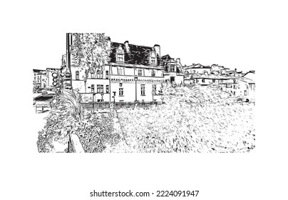 Building view with landmark of Perigueux
commune in France. Hand drawn sketch illustration in vector.