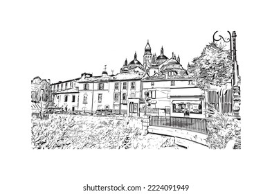 Vista de edificio con punto de referencia de Perigueux
comuna en Francia. Dibujo a mano de ilustración de esbozo en vector.