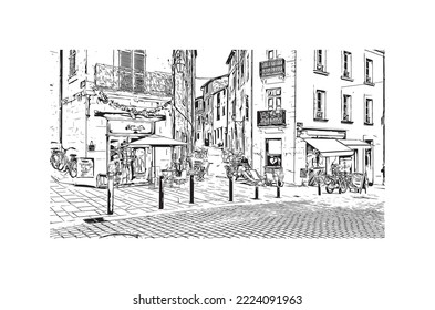 Building view with landmark of Perigueux
commune in France. Hand drawn sketch illustration in vector.