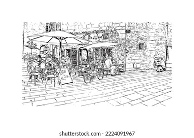 Building view with landmark of Perigueux
commune in France. Hand drawn sketch illustration in vector.