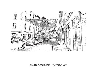 Vista de edificio con punto de referencia de Perigueux
comuna en Francia. Dibujo a mano de ilustración de esbozo en vector.