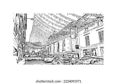 Building view with landmark of Perigueux
commune in France. Hand drawn sketch illustration in vector.