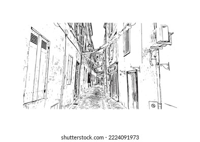 Vista de edificio con punto de referencia de Perigueux
comuna en Francia. Dibujo a mano de ilustración de esbozo en vector.