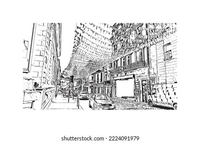 Building view with landmark of Perigueux
commune in France. Hand drawn sketch illustration in vector.