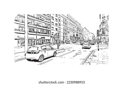 La vista de edificio con un punto de referencia de Perpiñán es el 
comuna en Francia. Dibujo a mano de ilustración de esbozo en vector.