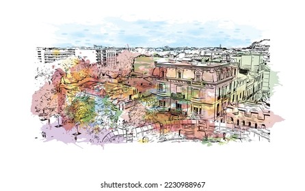 Building view with landmark of Perpignan is the 
commune in France. Watercolor splash with hand drawn sketch illustration in vector.