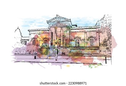 Der Ausblick auf das Gebäude mit Wahrzeichen Perpignan ist die 
Gemeinde in Frankreich. Aquarellspritzer mit handgezeichneter Skizzengrafik in Vektorgrafik.