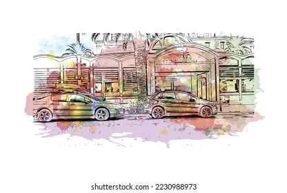 Building view with landmark of Perpignan is the 
commune in France. Watercolor splash with hand drawn sketch illustration in vector.