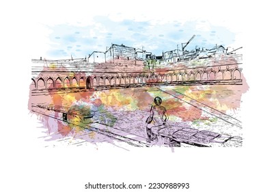 La vista de edificio con un punto de referencia de Perpiñán es el 
comuna en Francia. Salto de color de agua con ilustración de esbozo dibujada a mano en vector.