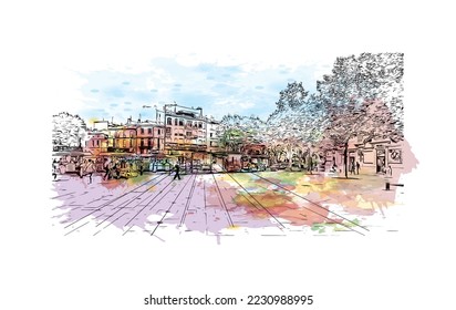 Building view with landmark of Perpignan is the 
commune in France. Watercolor splash with hand drawn sketch illustration in vector.