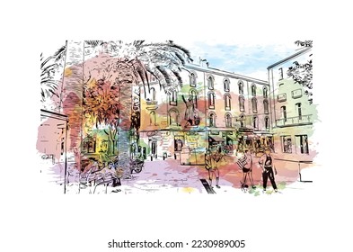 Building view with landmark of Perpignan is the 
commune in France. Watercolor splash with hand drawn sketch illustration in vector.