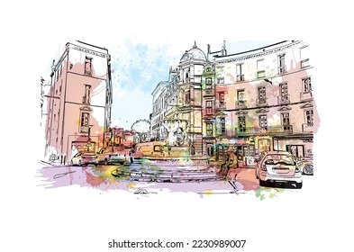 Building view with landmark of Perpignan is the 
commune in France. Watercolor splash with hand drawn sketch illustration in vector.