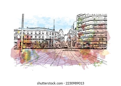 Building view with landmark of Perpignan is the 
commune in France. Watercolor splash with hand drawn sketch illustration in vector.