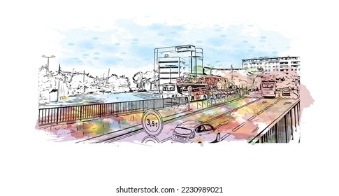 Building view with landmark of Perpignan is the 
commune in France. Watercolor splash with hand drawn sketch illustration in vector.