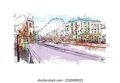 La vista de edificio con un punto de referencia de Perpiñán es el 
comuna en Francia. Salto de color de agua con ilustración de esbozo dibujada a mano en vector.