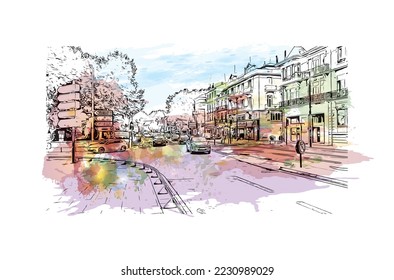 Building view with landmark of Perpignan is the 
commune in France. Watercolor splash with hand drawn sketch illustration in vector.