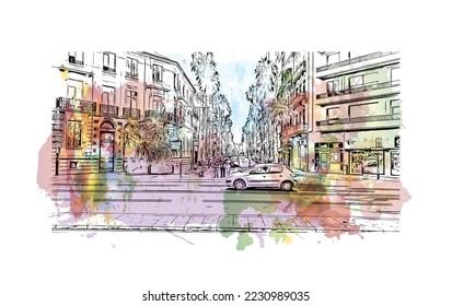 Building view with landmark of Perpignan is the 
commune in France. Watercolor splash with hand drawn sketch illustration in vector.