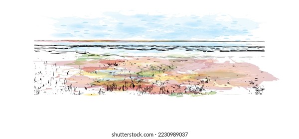 Building view with landmark of Perpignan is the 
commune in France. Watercolor splash with hand drawn sketch illustration in vector.