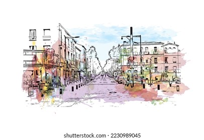 La vista de edificio con un punto de referencia de Perpiñán es el 
comuna en Francia. Salto de color de agua con ilustración de esbozo dibujada a mano en vector.
