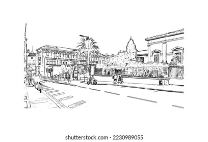 Building view with landmark of Perpignan is the 
commune in France. Hand drawn sketch illustration in vector.