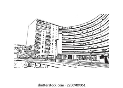 Building view with landmark of Perpignan is the 
commune in France. Hand drawn sketch illustration in vector.