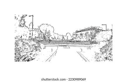 Building view with landmark of Perpignan is the 
commune in France. Hand drawn sketch illustration in vector.