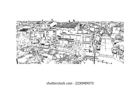 Building view with landmark of Perpignan is the 
commune in France. Hand drawn sketch illustration in vector.