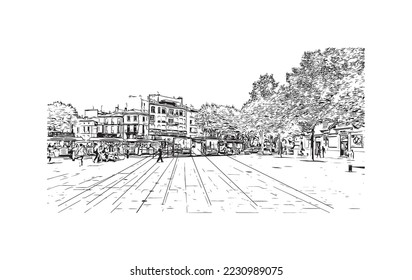 Building view with landmark of Perpignan is the 
commune in France. Hand drawn sketch illustration in vector.
