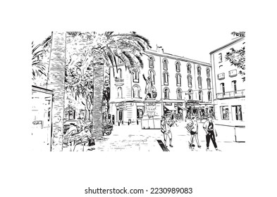 La vista de edificio con un punto de referencia de Perpiñán es el 
comuna en Francia. Dibujo a mano de ilustración de esbozo en vector.