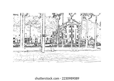Building view with landmark of Perpignan is the 
commune in France. Hand drawn sketch illustration in vector.