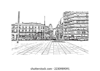 Building view with landmark of Perpignan is the 
commune in France. Hand drawn sketch illustration in vector.