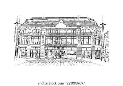 La vista de edificio con un punto de referencia de Perpiñán es el 
comuna en Francia. Dibujo a mano de ilustración de esbozo en vector.